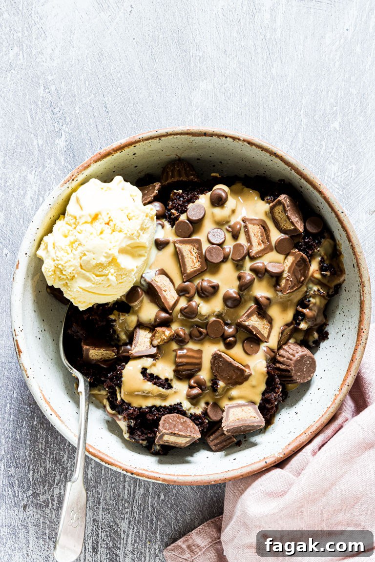 slow cooker peanut butter cake topped with a scoop of ice cream