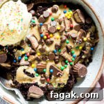 a serving of crock pot chocolate peanut butter cake topped with a scoop of ice cream and candy sprinkles.