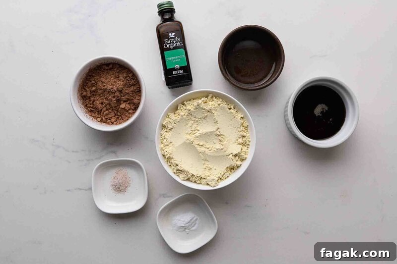 Chickpea flour, cocoa, sugar, and other ingredients laid out on a table for brownies.
