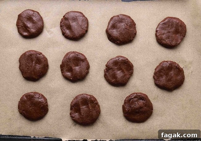 Unbaked chocolate cookies on a baking sheet.
