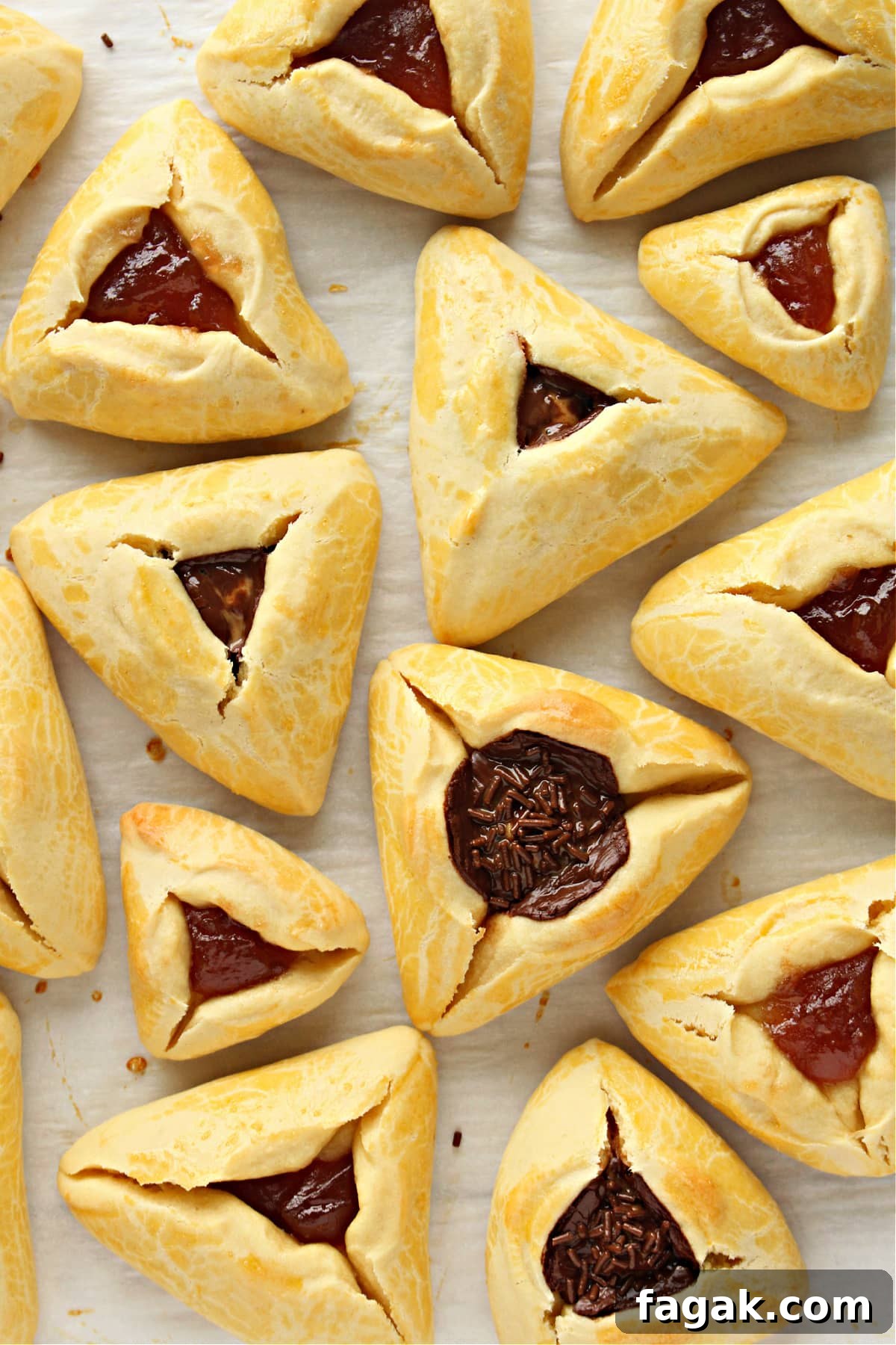 Classic Hamantaschen Recipe for Purim Cookies 2 Triangle cookies with filled center pockets with jam or chocolate.