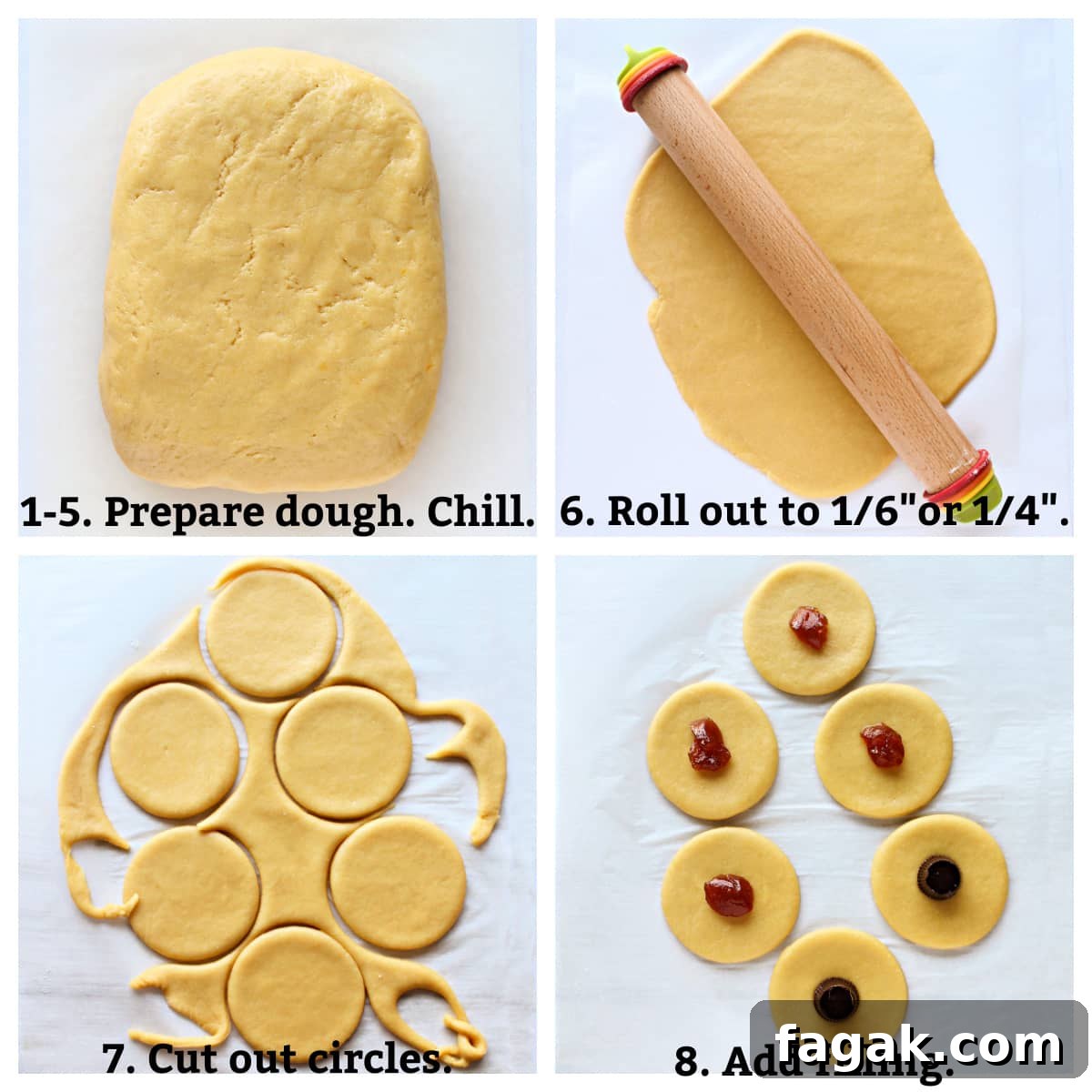 Classic Hamantaschen Recipe for Purim Cookies 4 Collage showing prepared dough, rolled out dough, cut out circles, filling on circles.