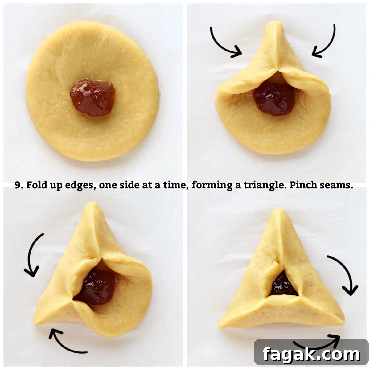 Classic Hamantaschen Recipe for Purim Cookies 5 Collage showing folding up the sides of the dough circle forming a triangle around the filling.