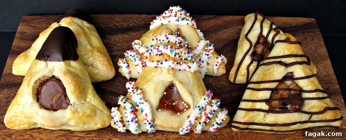 Classic Hamantaschen Recipe for Purim Cookies 9 Triangular Pocket Cookies filled with chocolate or jam, decorated with chocolate on a wooden board.