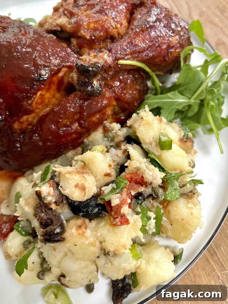 Plated with barbecue chicken and arugula.